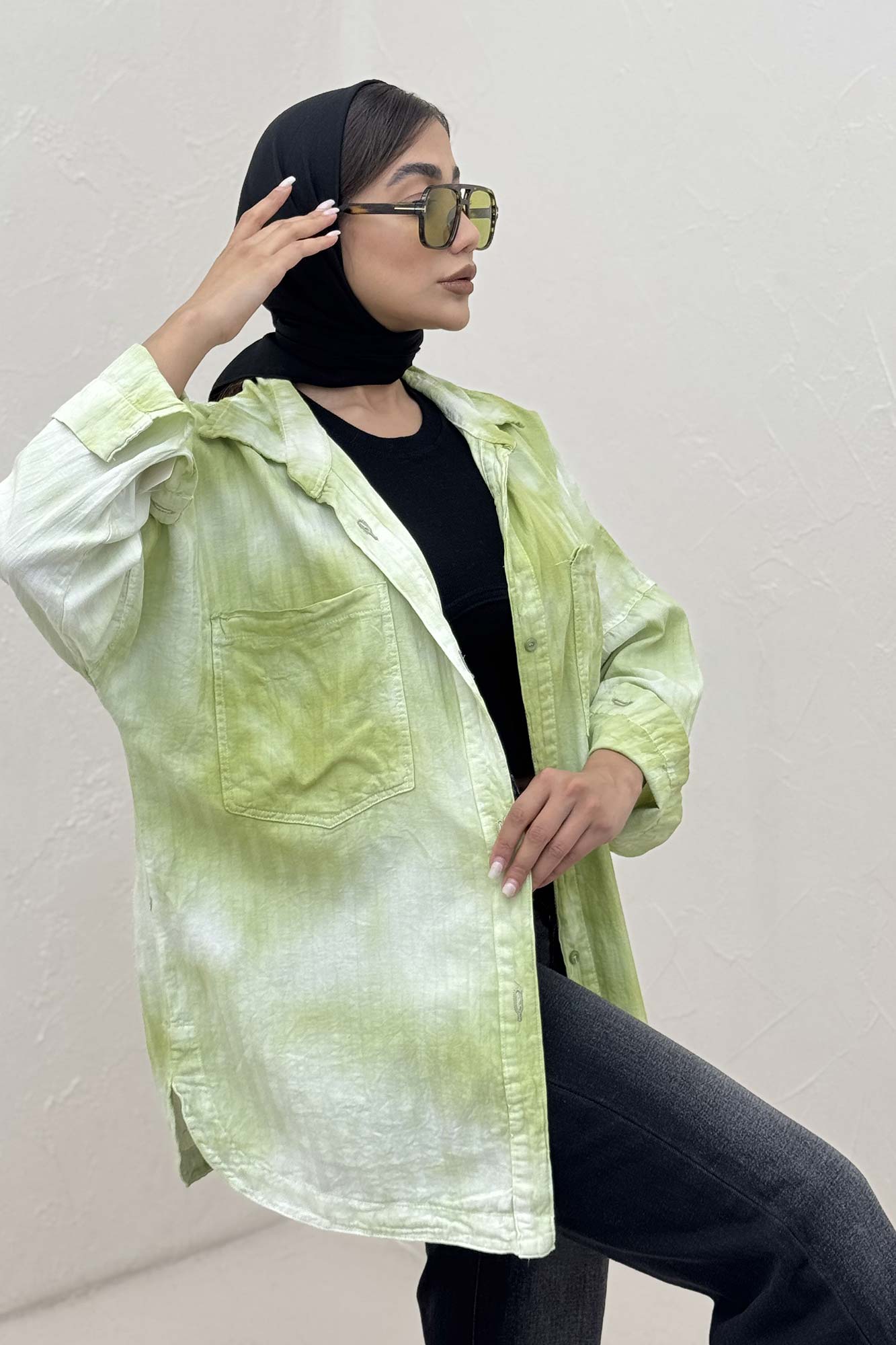 مانتو راه راه پایین هلال بلند دو جیب (آبرنگی) TR