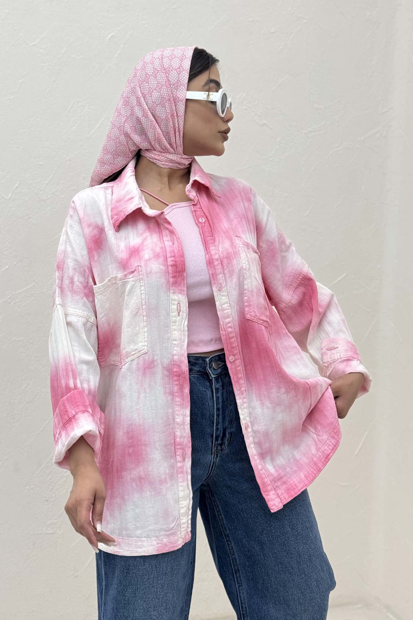 مانتو راه راه پایین هلال بلند دو جیب (آبرنگی) TR