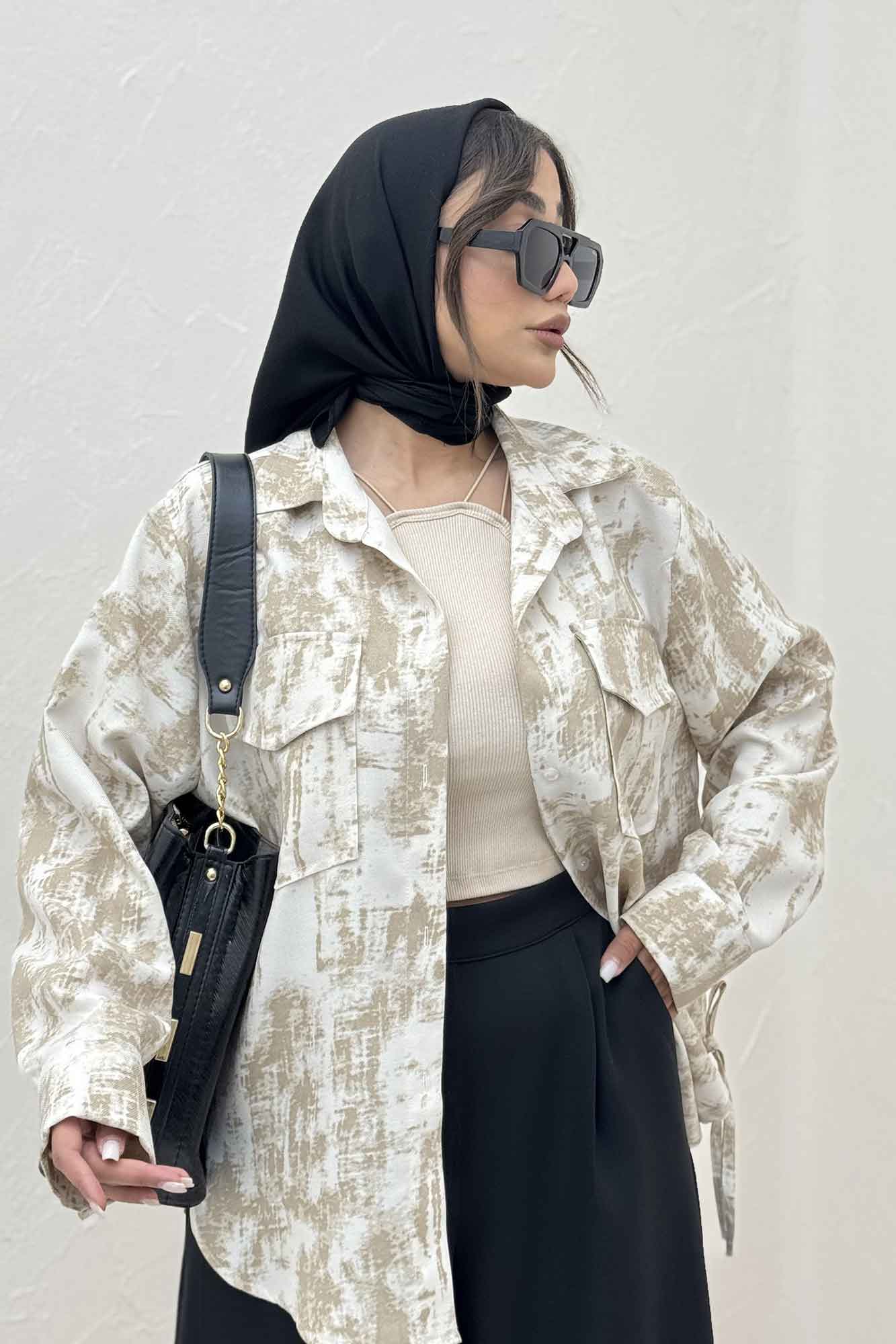 مانتو دو جیب پاکتی پرینتی بغل بند کد 3