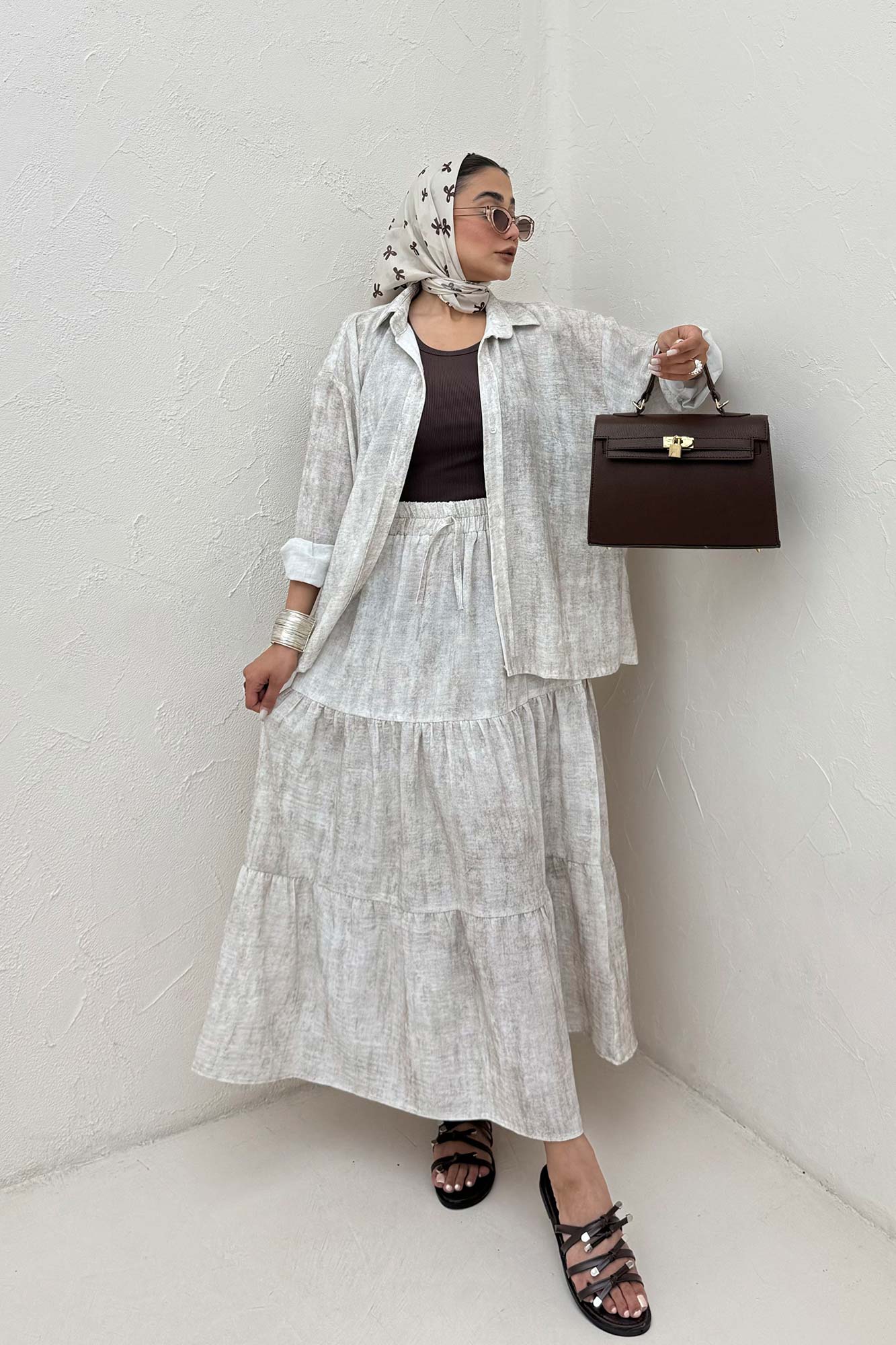 ست شومیز و دامن چین دار نارنیل