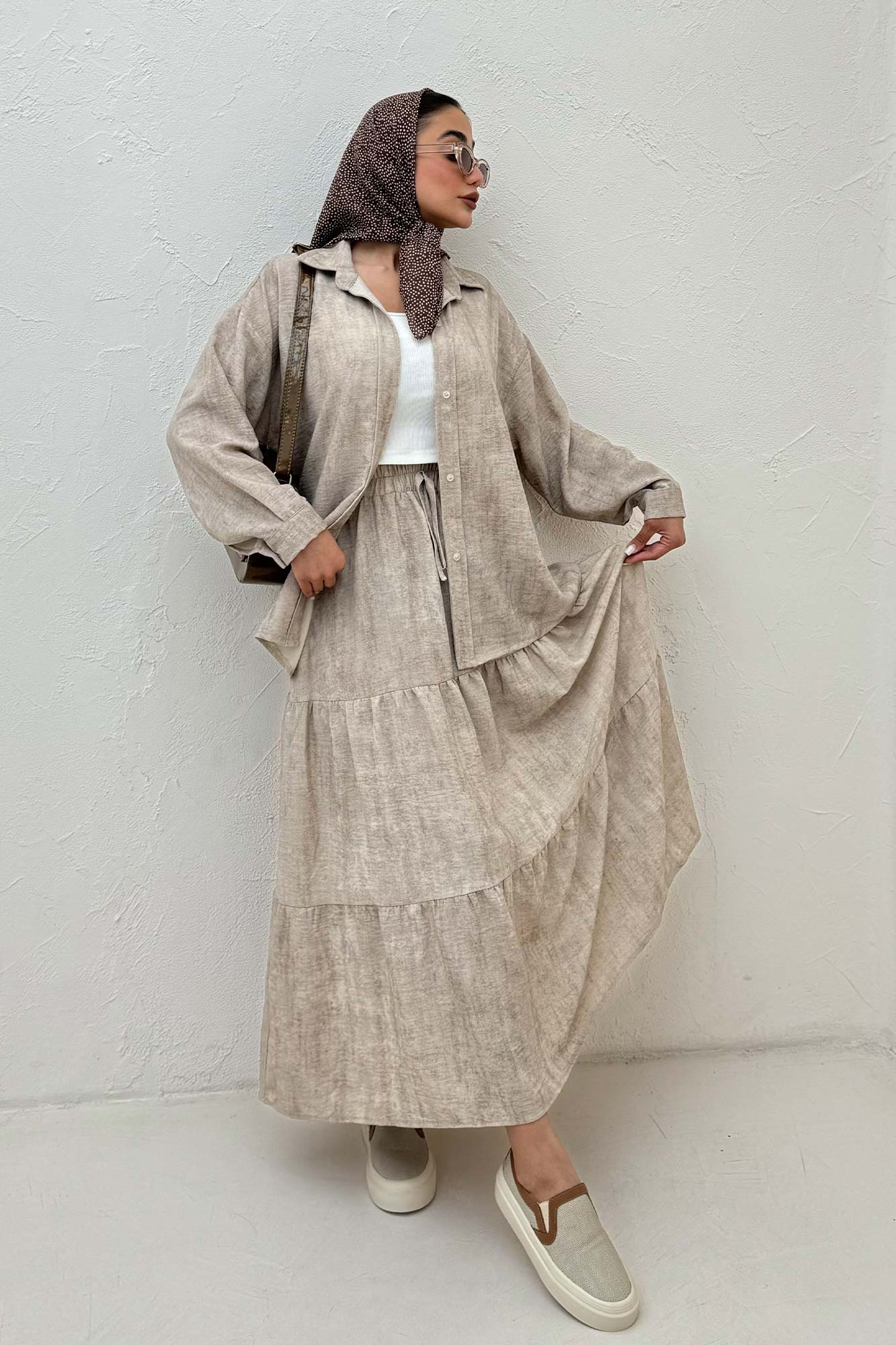 ست شومیز و دامن چین دار نارنیل