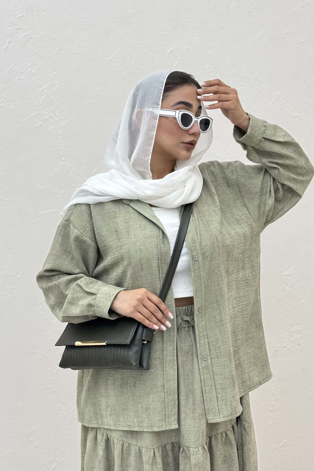 ست شومیز و دامن چین دار نارنیل