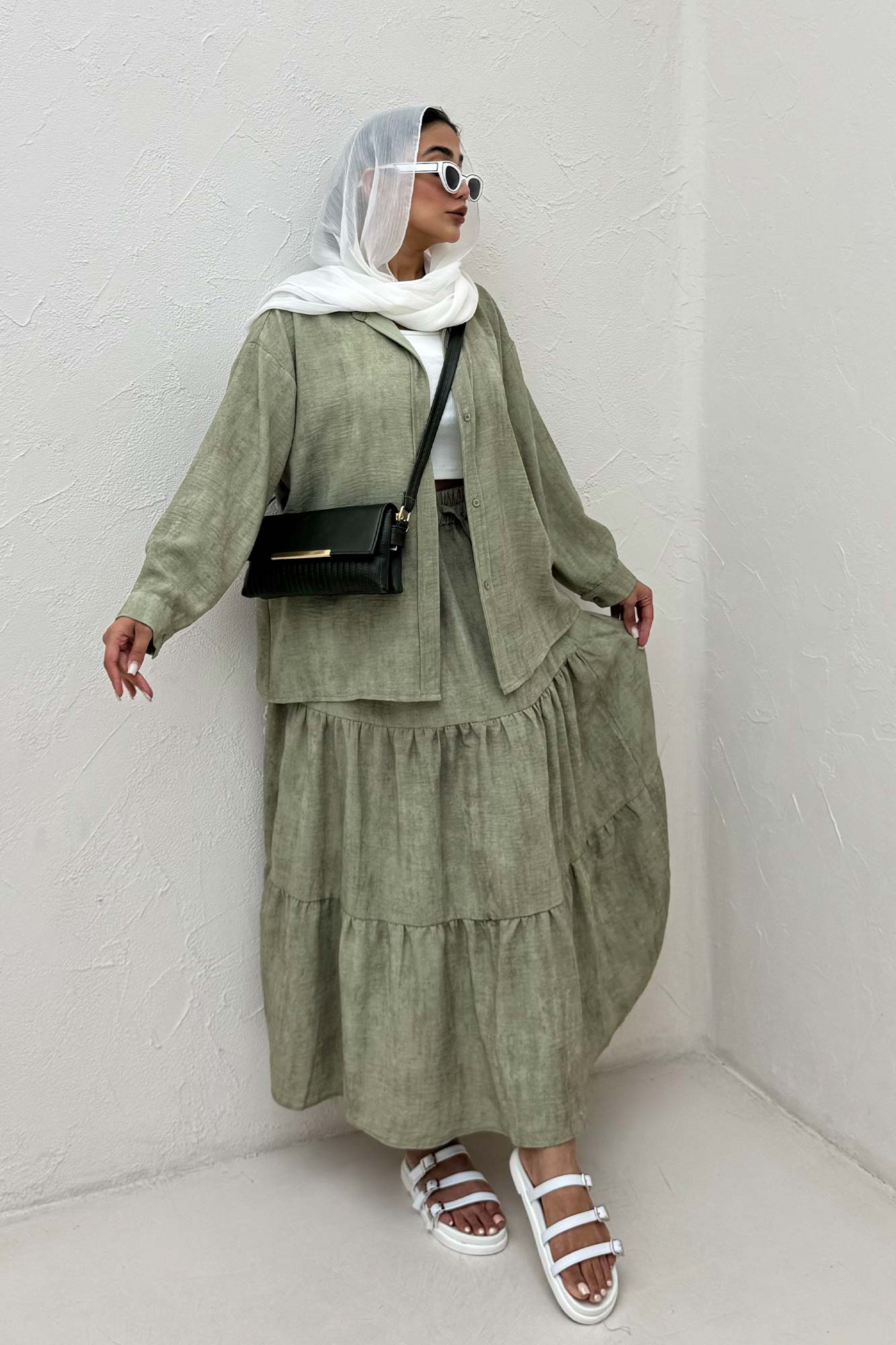 ست شومیز و دامن چین دار نارنیل