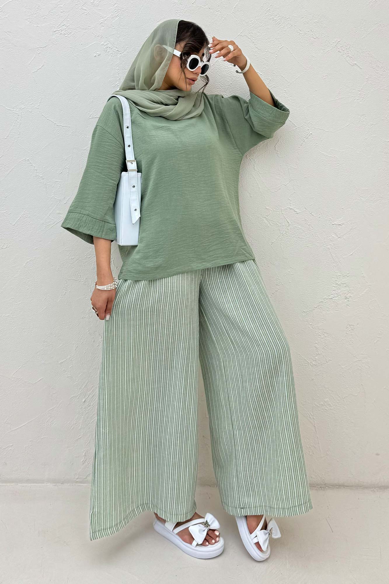 ست بلوز و شلوار بگ راه راه لینن 1030