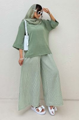 ست بلوز و شلوار بگ راه راه لینن 1030