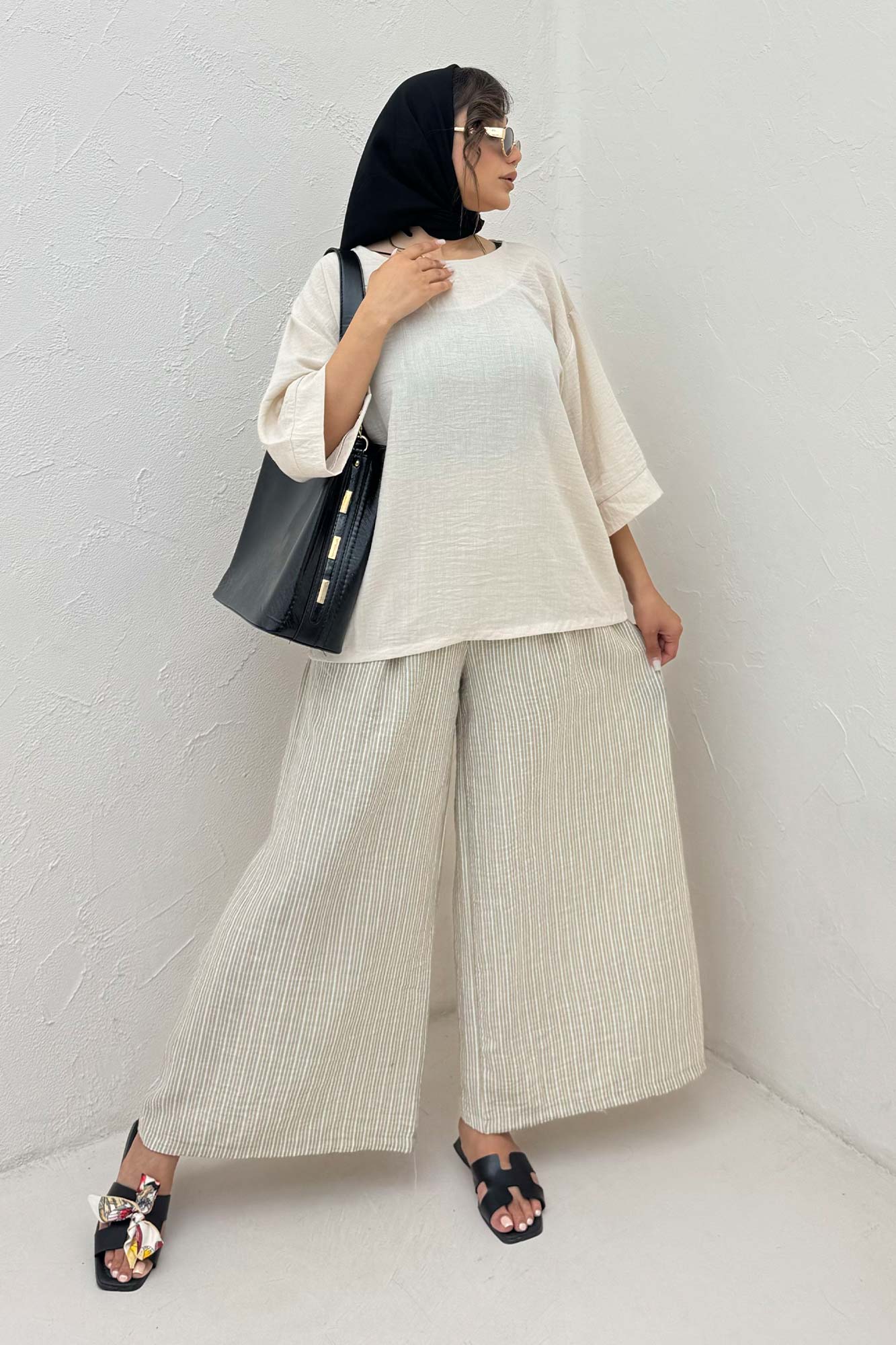 ست بلوز و شلوار بگ راه راه لینن 1030