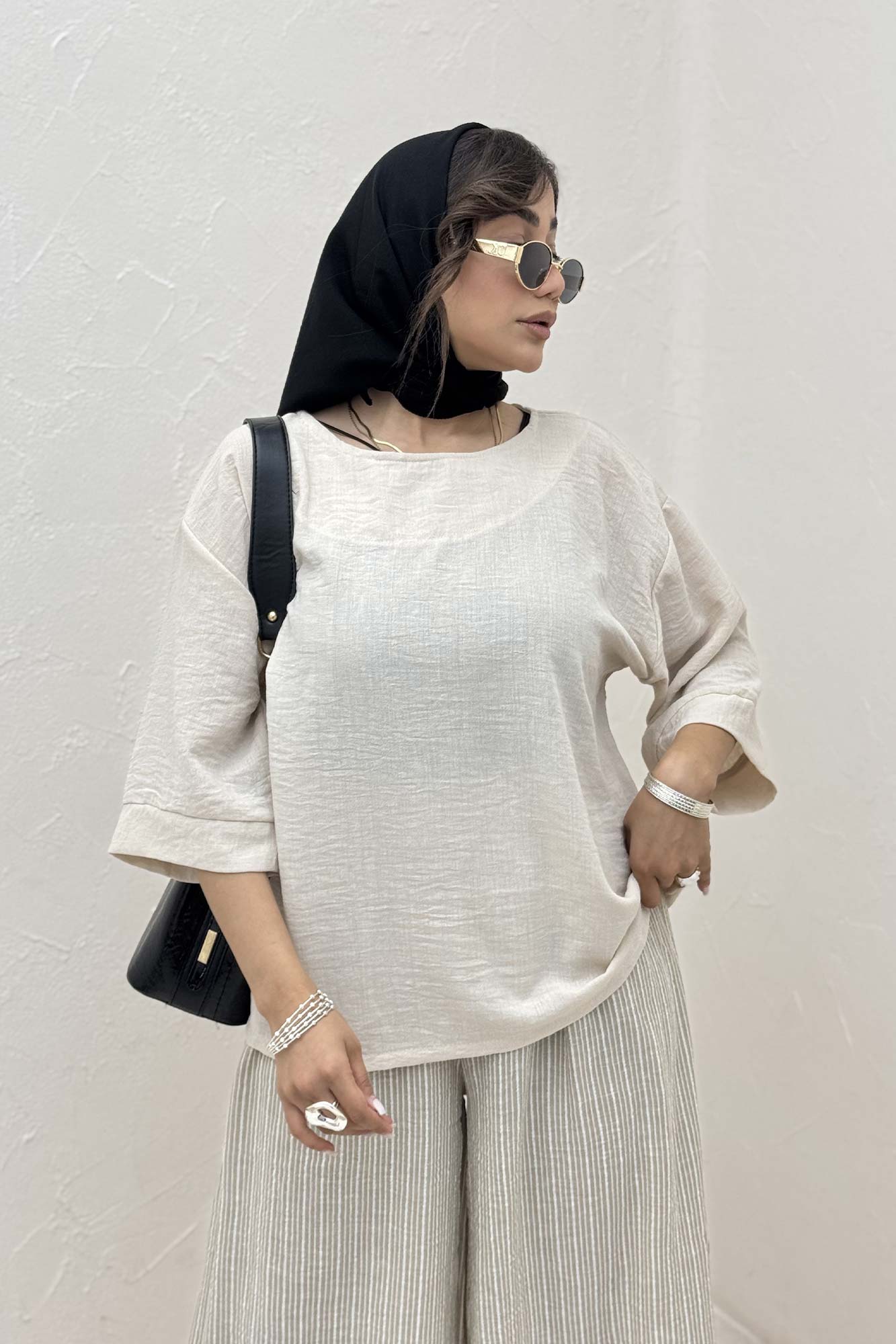 ست بلوز و شلوار بگ راه راه لینن 1030