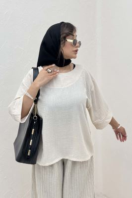 ست بلوز و شلوار بگ راه راه لینن 1030