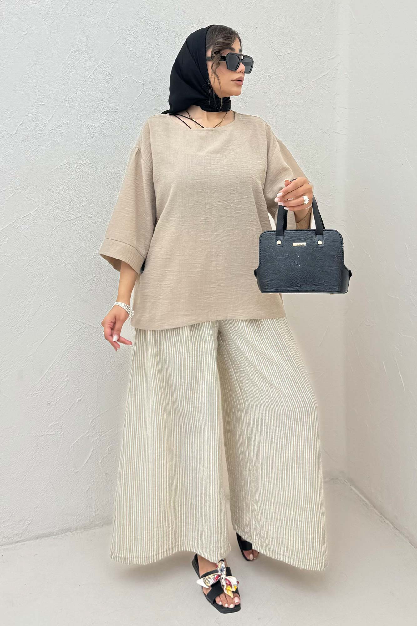 ست بلوز و شلوار بگ راه راه لینن 1030