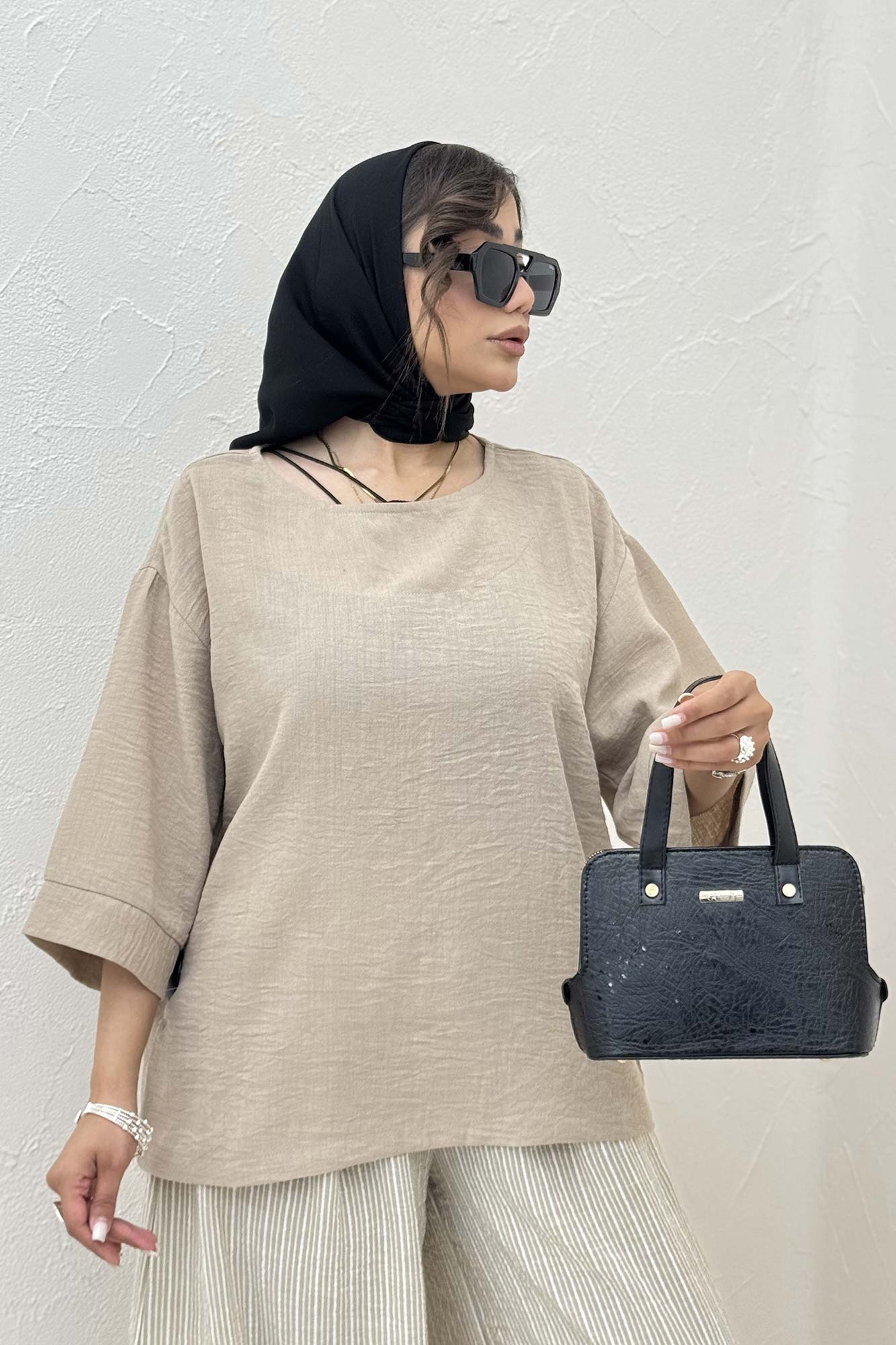 ست بلوز و شلوار بگ راه راه لینن 1030