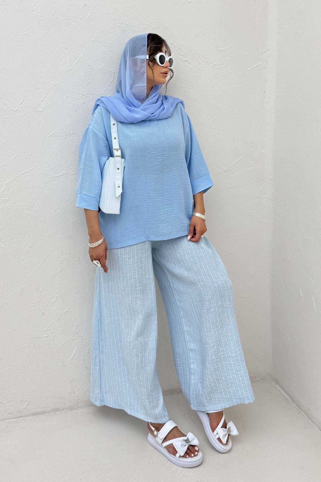 ست بلوز و شلوار بگ راه راه لینن 1030