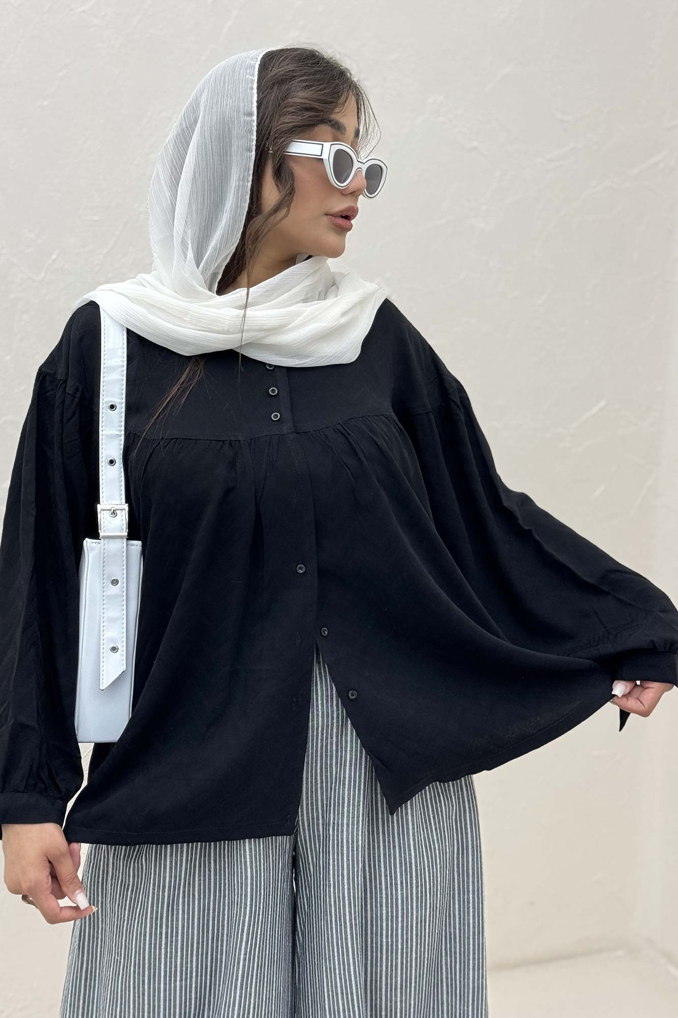 شومیز جلو دکمه آستین رگلان ژاکارد نخی 1052