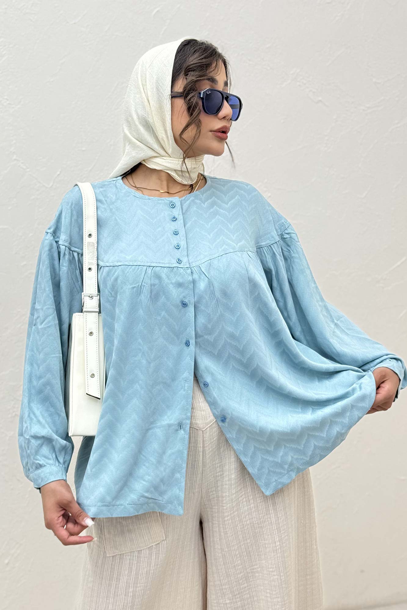 شومیز جلو دکمه آستین رگلان ژاکارد نخی 1052