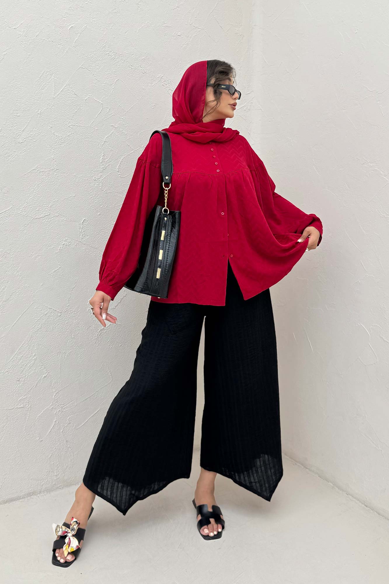 شومیز جلو دکمه آستین رگلان ژاکارد نخی 1052