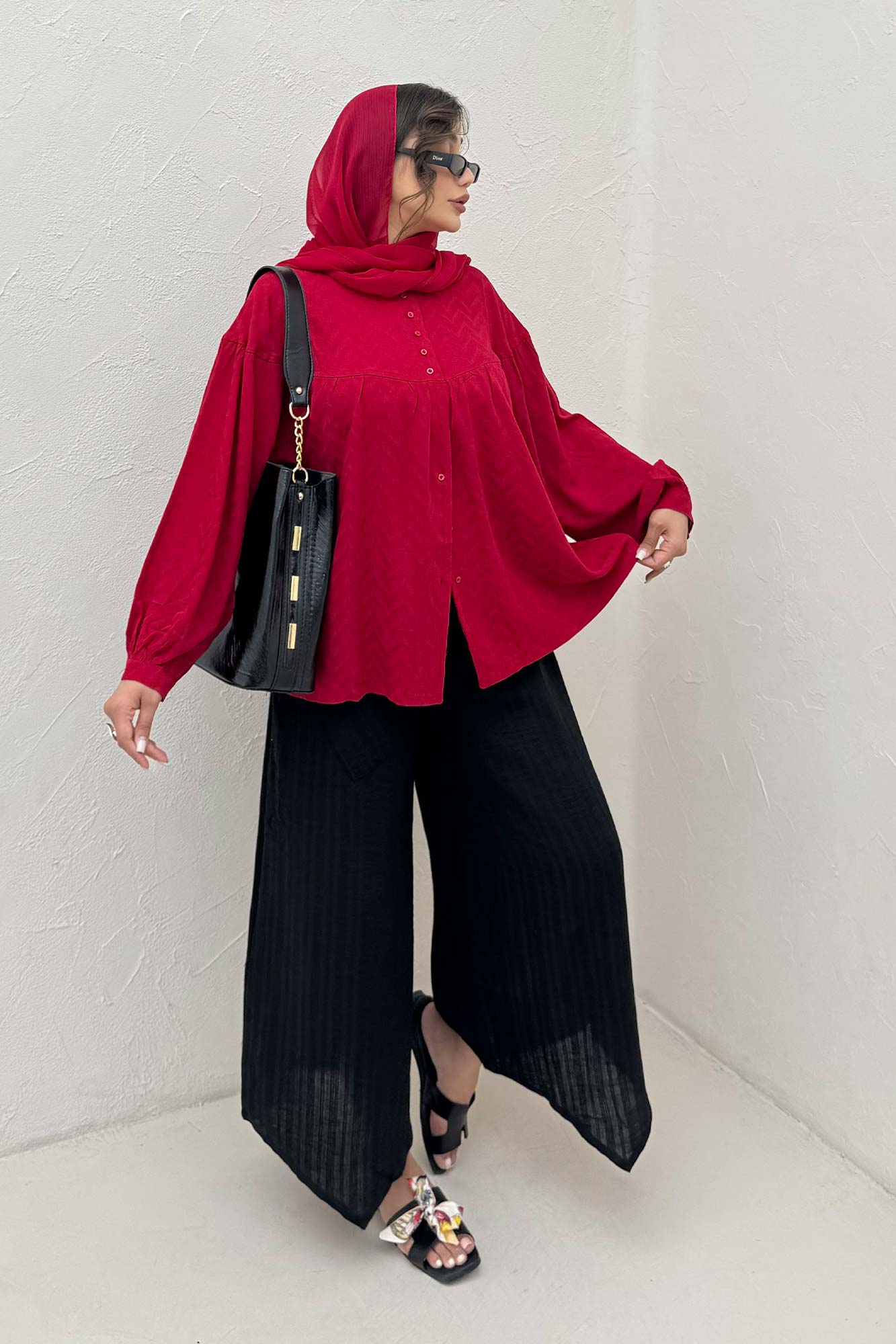 شومیز جلو دکمه آستین رگلان ژاکارد نخی 1052