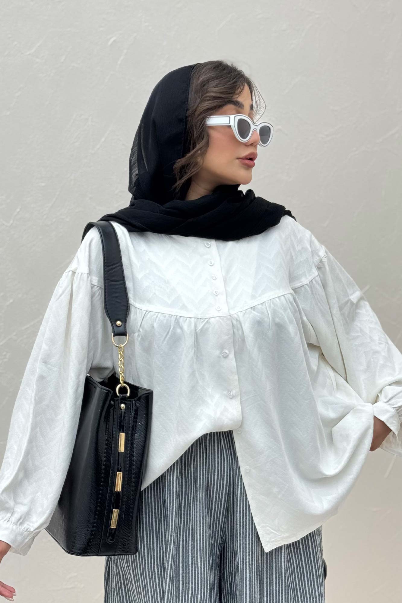 شومیز جلو دکمه آستین رگلان ژاکارد نخی 1052