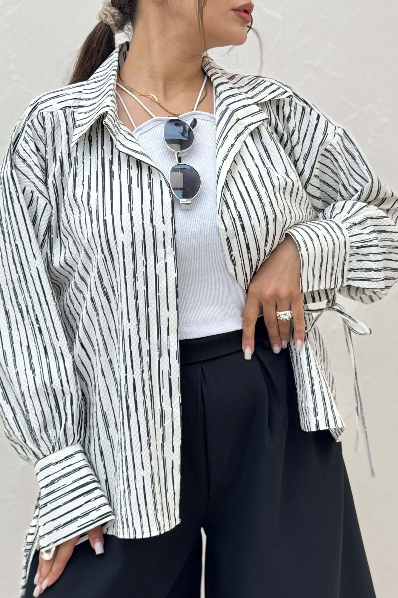 شومیز مانتویی راه راه زارا آستین بنددار 