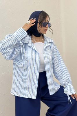 شومیز مانتویی راه راه زارا آستین بنددار 