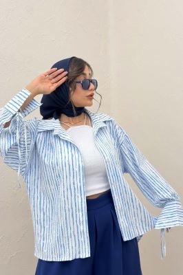 شومیز مانتویی راه راه زارا آستین بنددار 