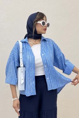 شومیز راه راه زارا پشت بلند آستین پاکتی 