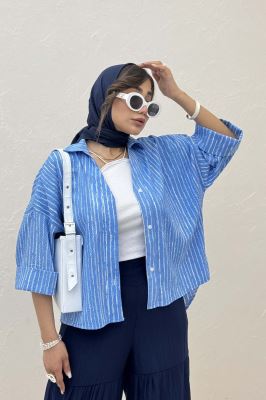 شومیز راه راه زارا پشت بلند آستین پاکتی 