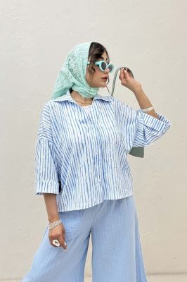 شومیز راه راه زارا پشت بلند آستین پاکتی 