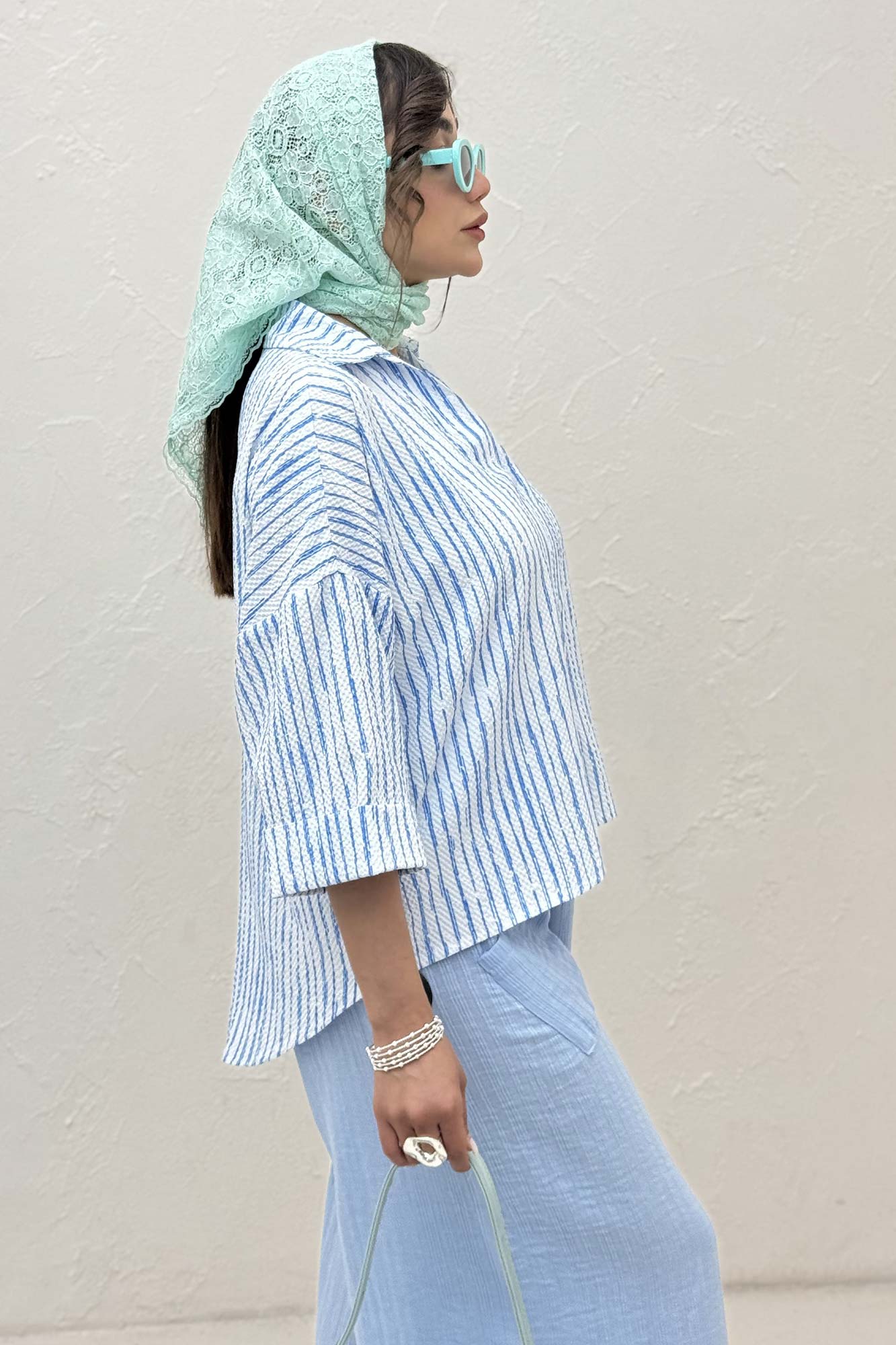 شومیز راه راه زارا پشت بلند آستین پاکتی 