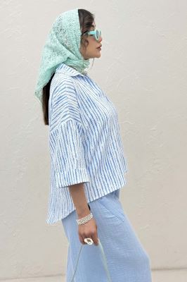 شومیز راه راه زارا پشت بلند آستین پاکتی 