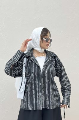 شومیز مانتویی راه راه زارا آستین بنددار 