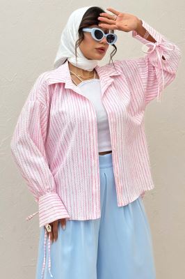 شومیز مانتویی راه راه زارا آستین بنددار 