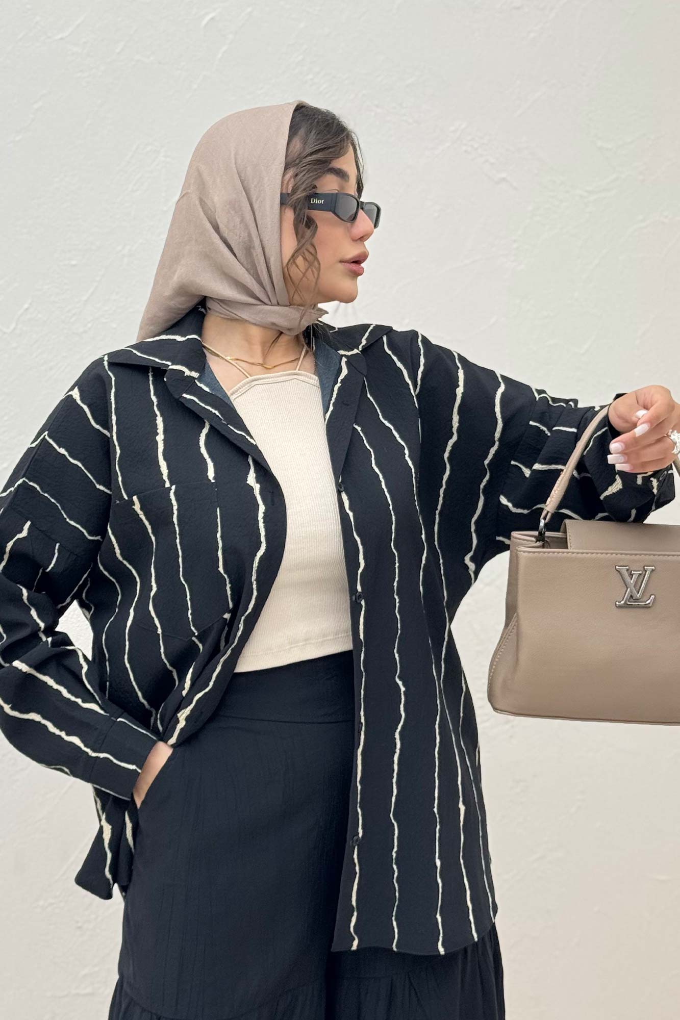 شومیز مانتویی کریشه راه راه پشت پنسی