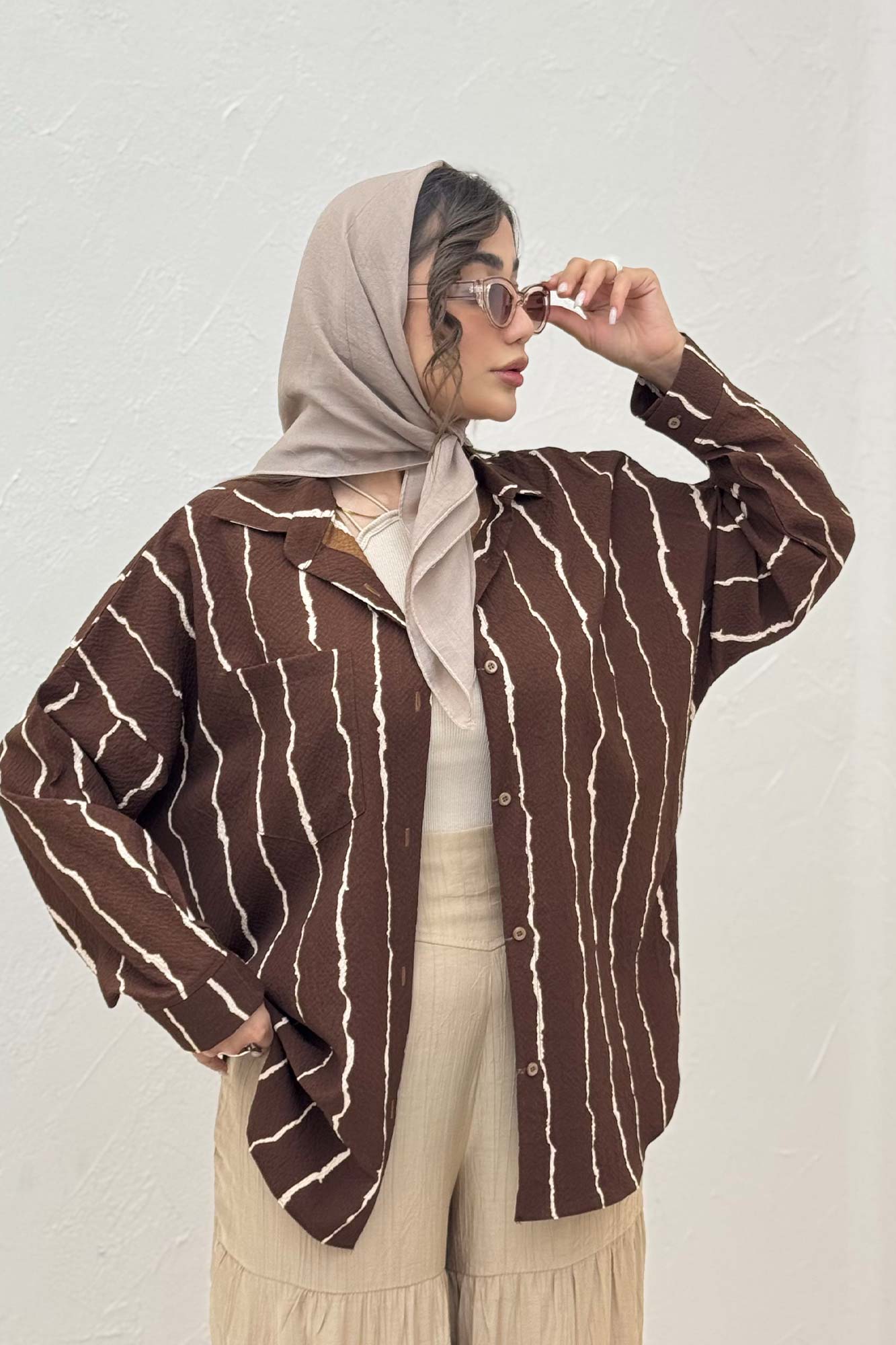 شومیز مانتویی کریشه راه راه پشت پنسی