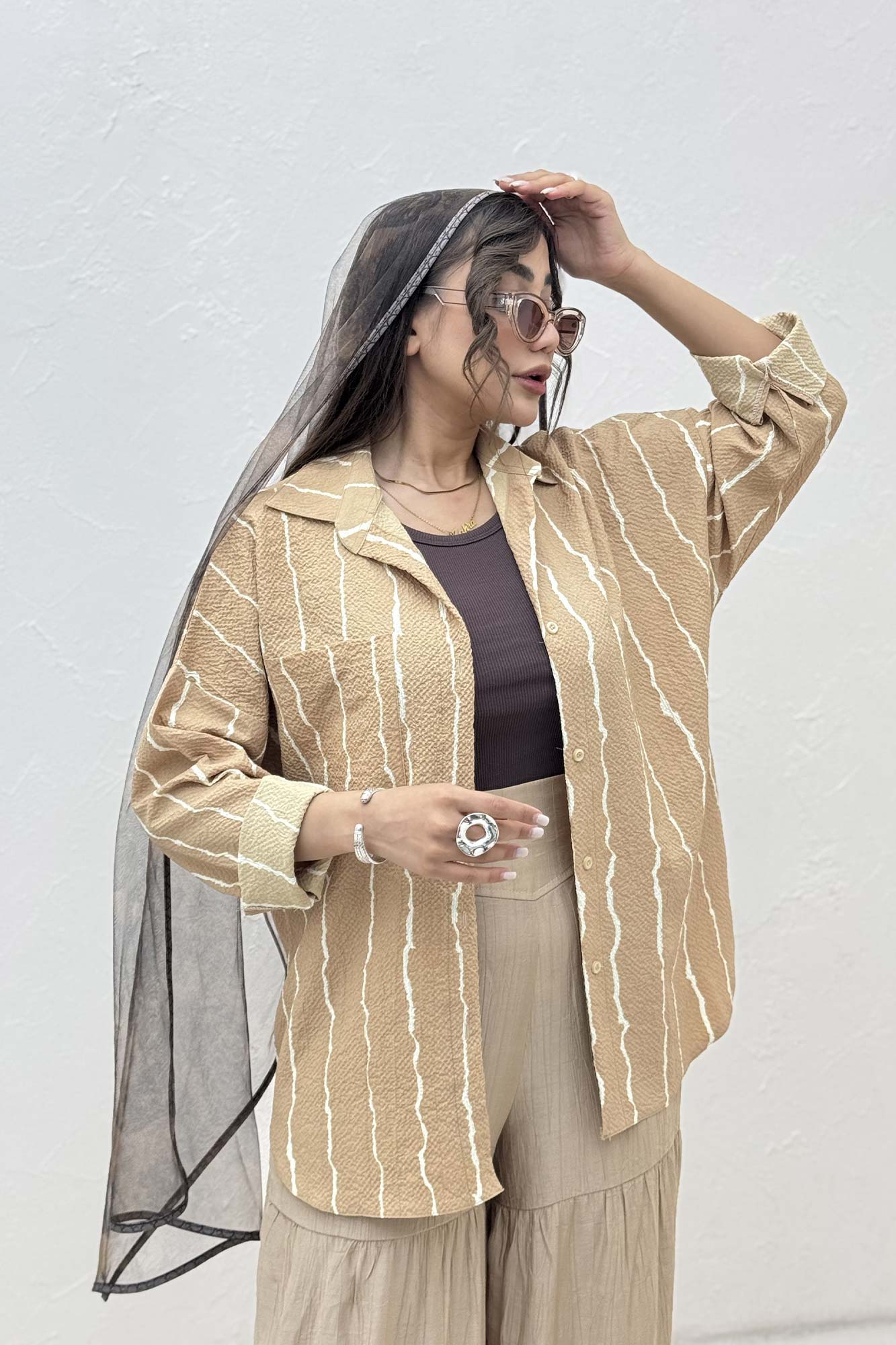 شومیز مانتویی کریشه راه راه پشت پنسی