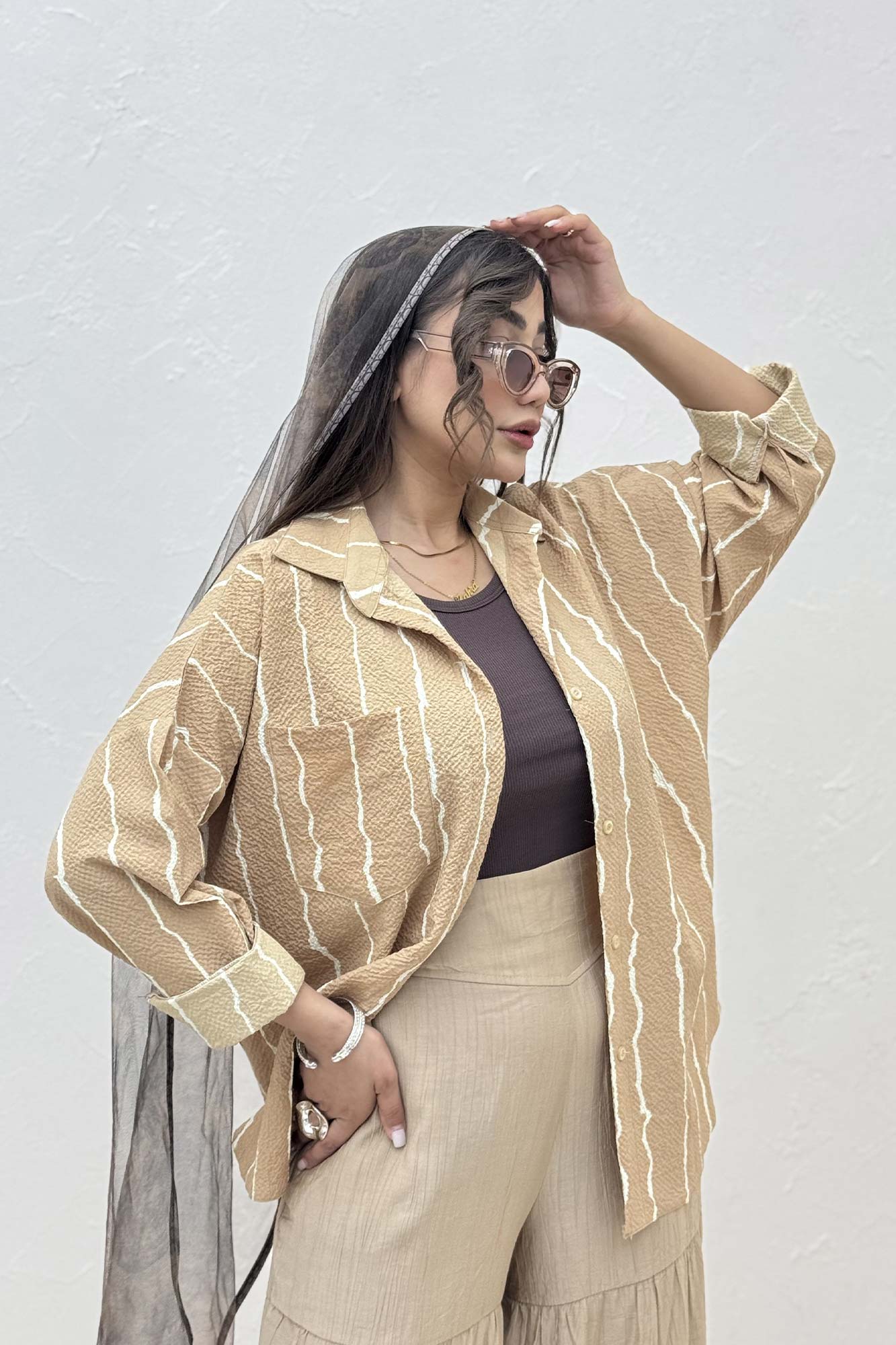 شومیز مانتویی کریشه راه راه پشت پنسی