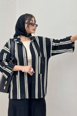 شومیز مانتویی پفکی راه راه آستین پاگن