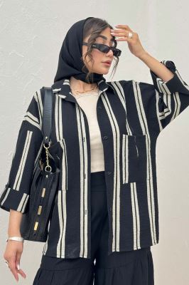 شومیز مانتویی پفکی راه راه آستین پاگن