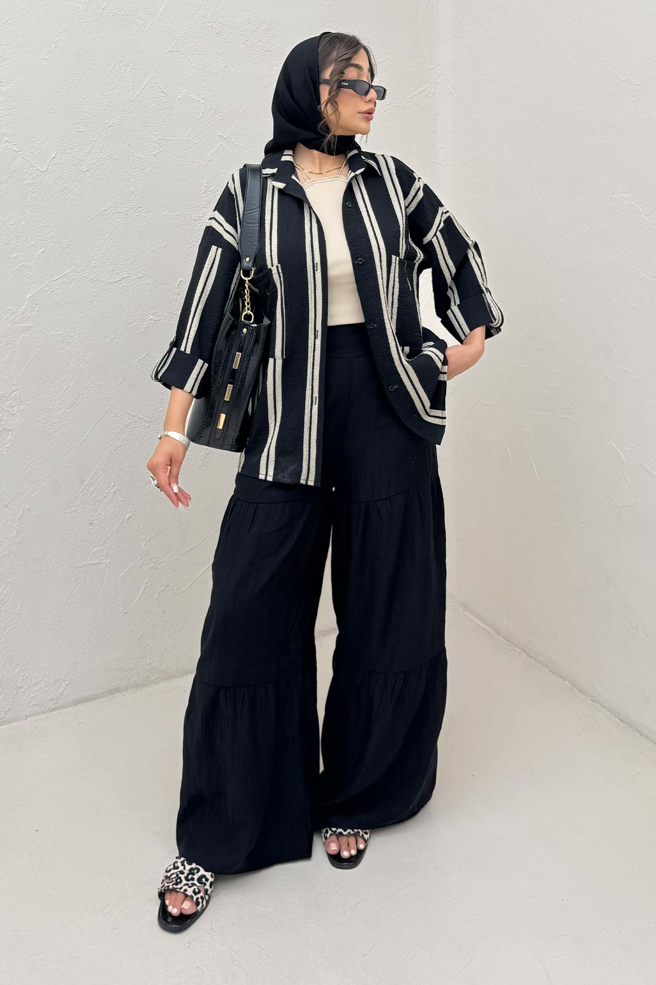 شومیز مانتویی پفکی راه راه آستین پاگن