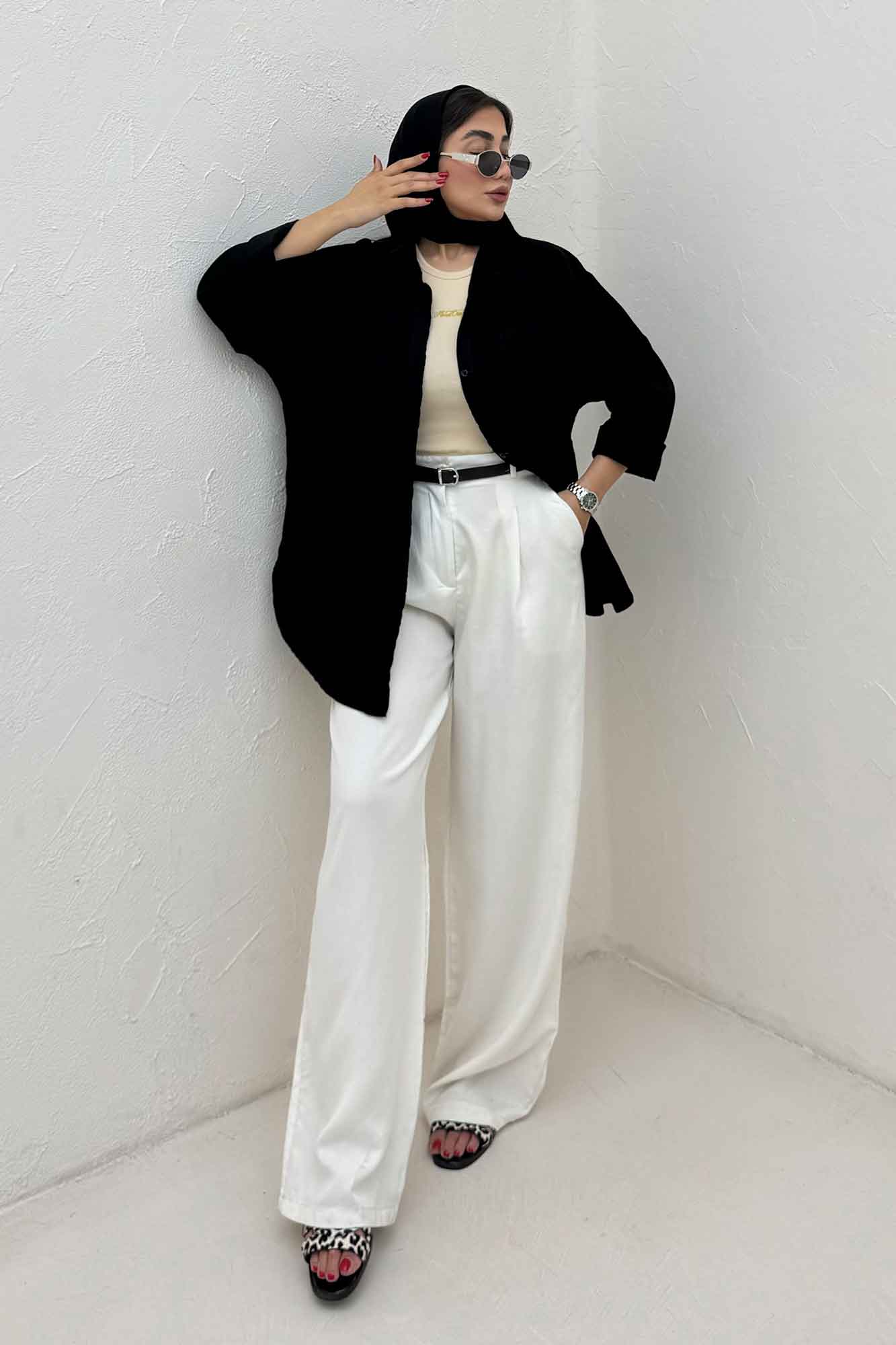 مانتو لینن پایین هلال بلند دو جیب TR