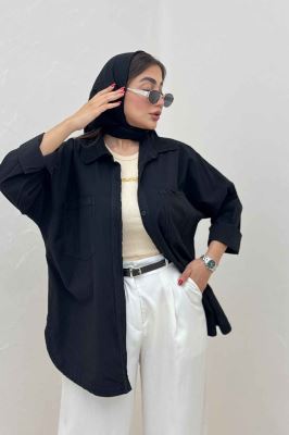 مانتو لینن پایین هلال بلند دو جیب TR