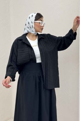 شومیز مانتویی راه راه ژاکارد تک جیب