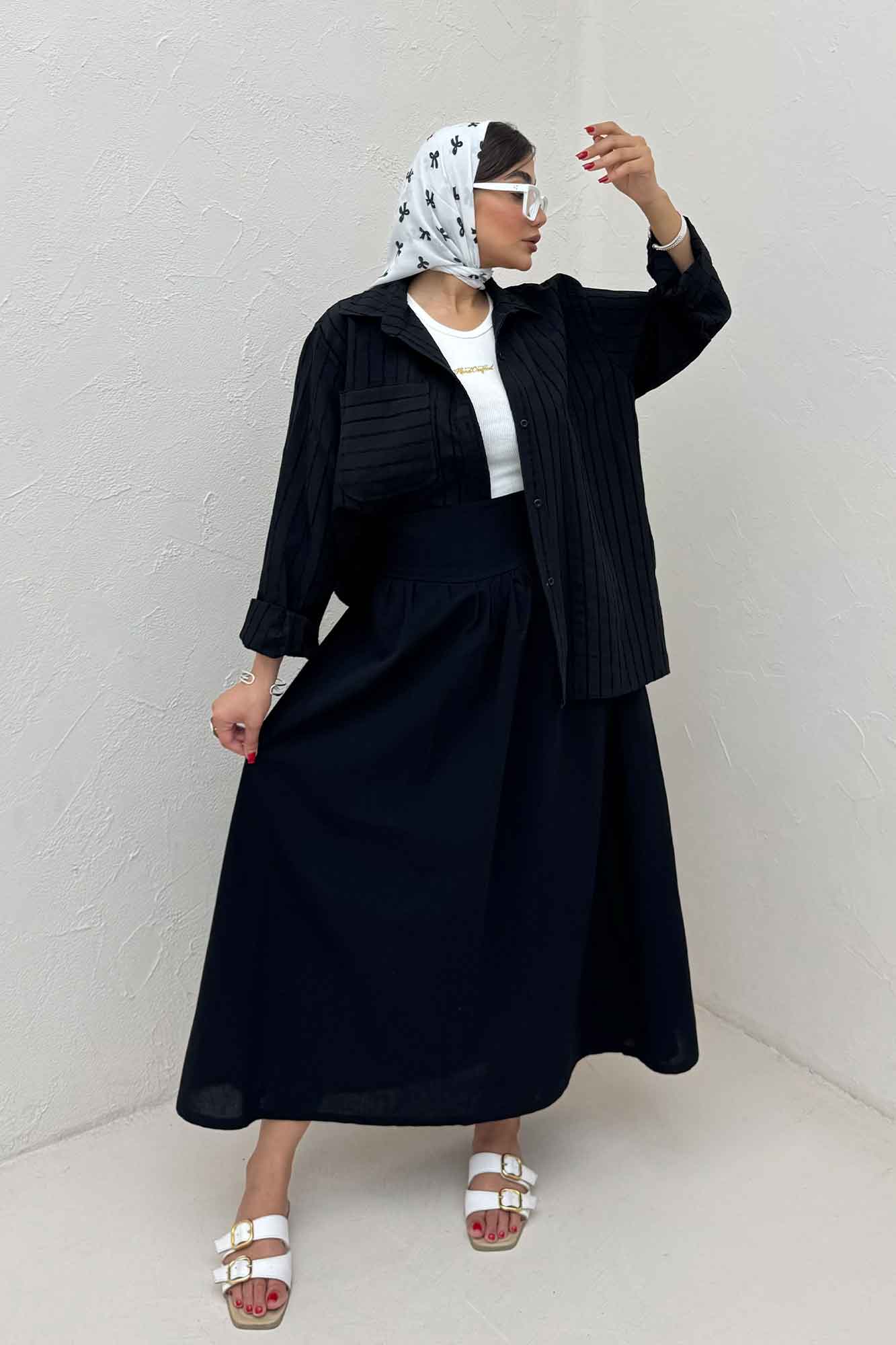 شومیز مانتویی راه راه ژاکارد تک جیب