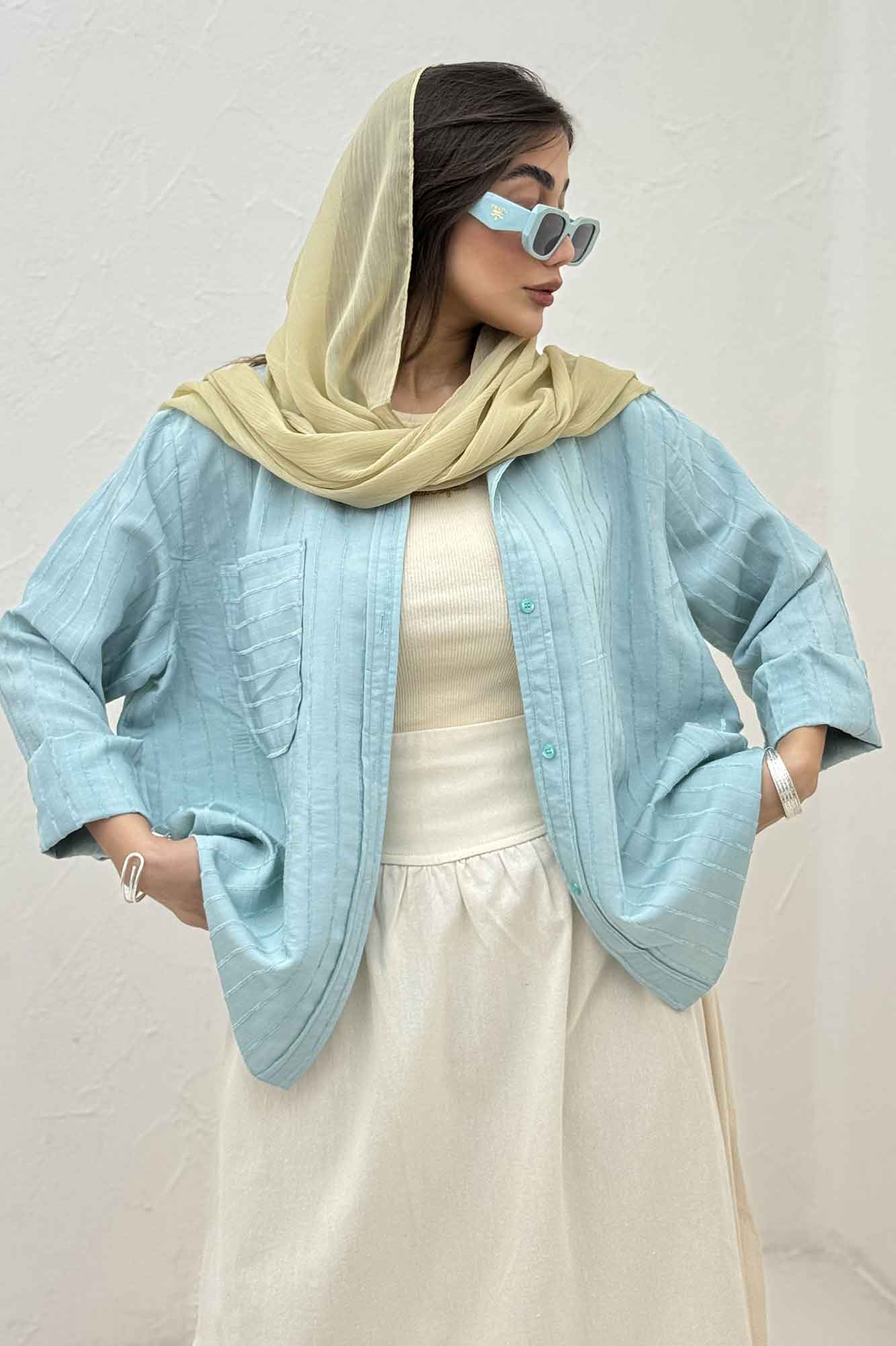 شومیز مانتویی راه راه ژاکارد تک جیب