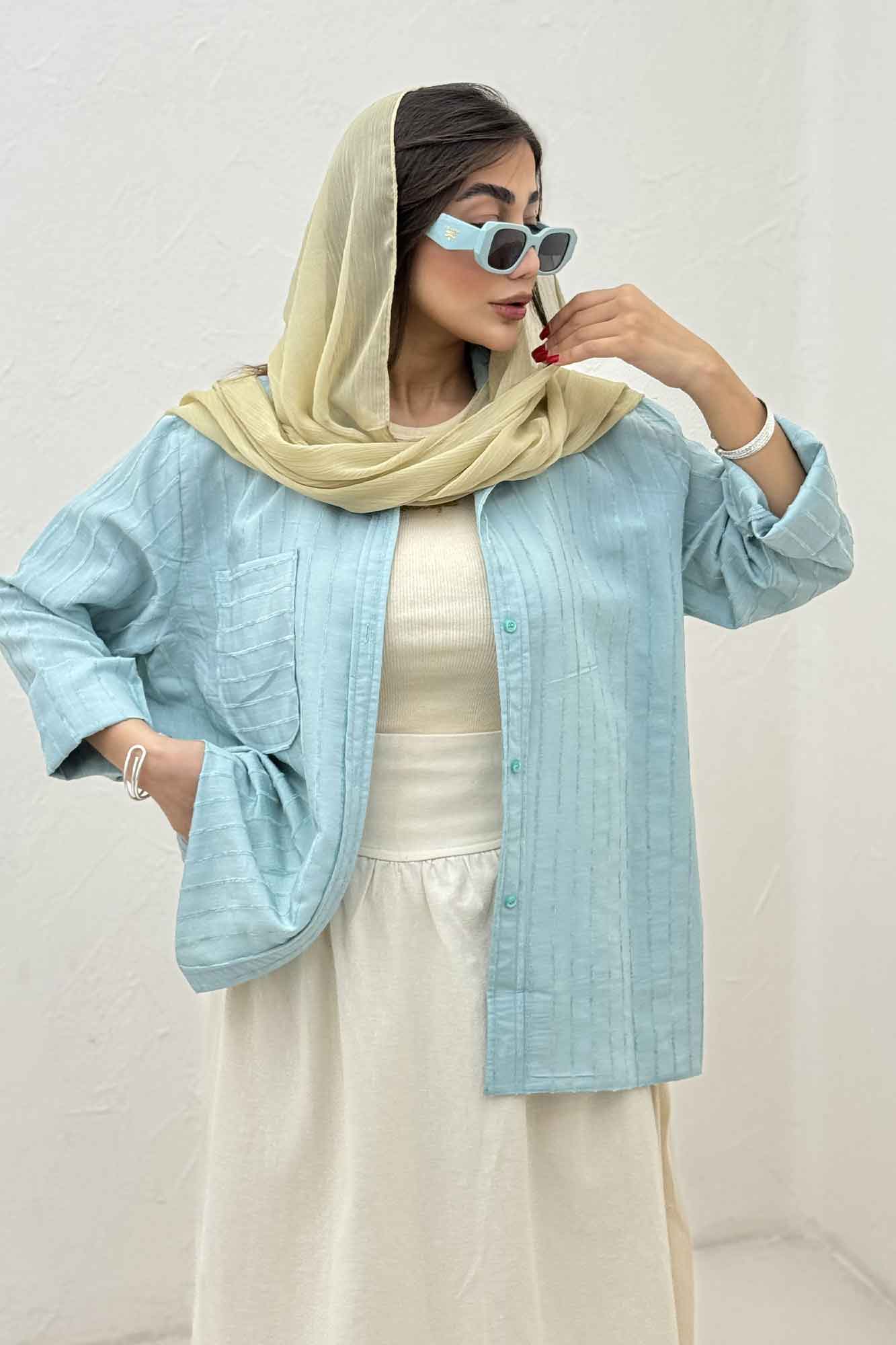 شومیز مانتویی راه راه ژاکارد تک جیب