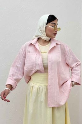 شومیز مانتویی راه راه ژاکارد تک جیب