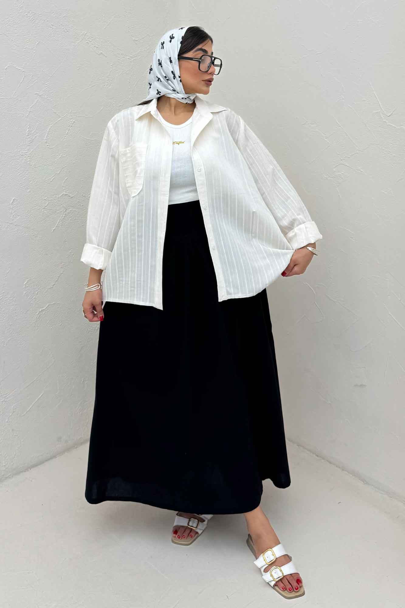 شومیز مانتویی راه راه ژاکارد تک جیب