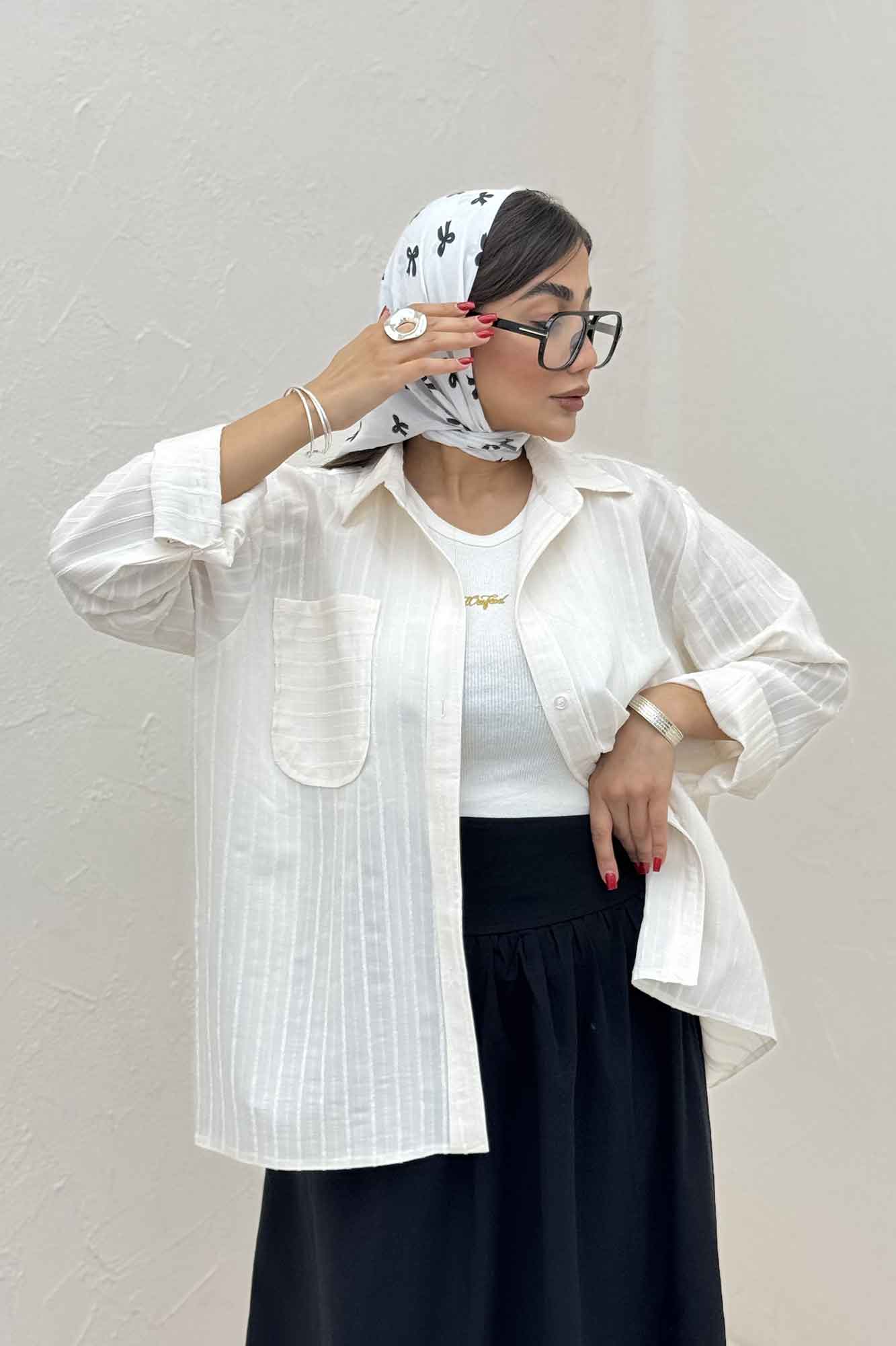 شومیز مانتویی راه راه ژاکارد تک جیب