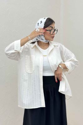 شومیز مانتویی راه راه ژاکارد تک جیب