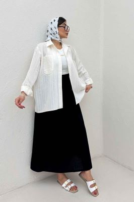 شومیز مانتویی راه راه ژاکارد تک جیب