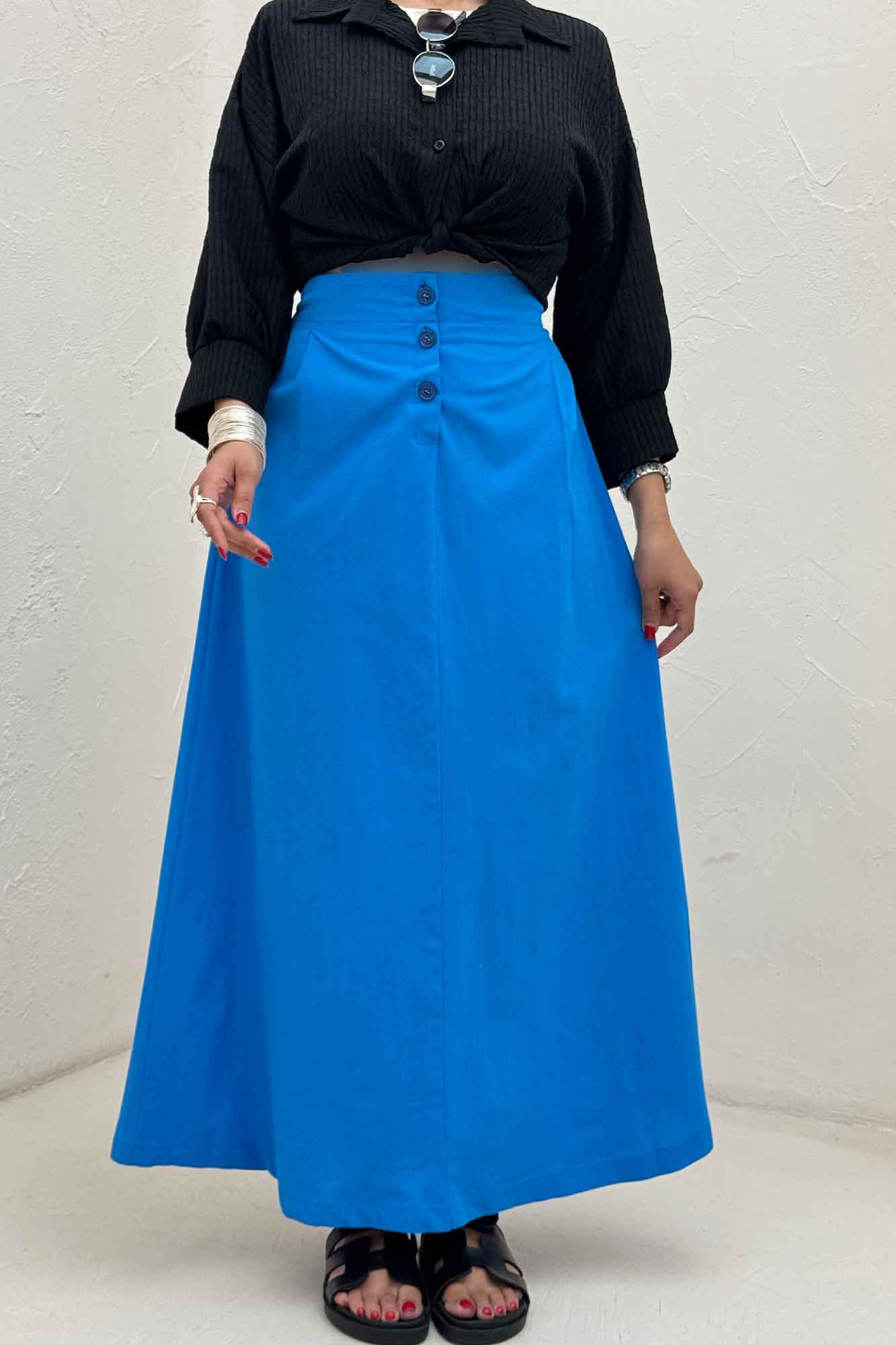 دامن لینن بلند جلو پیله سه دکمه