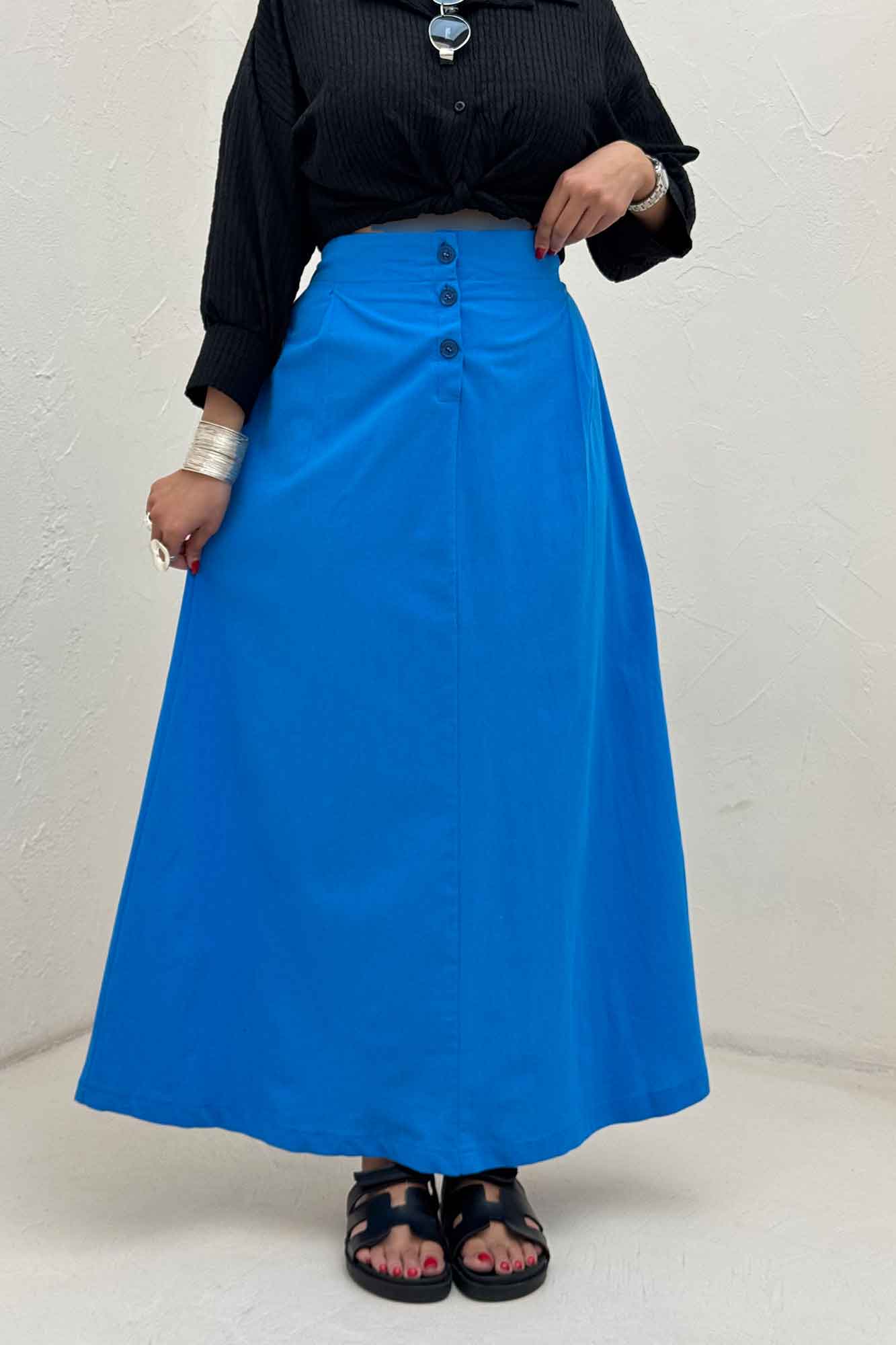 دامن لینن بلند جلو پیله سه دکمه